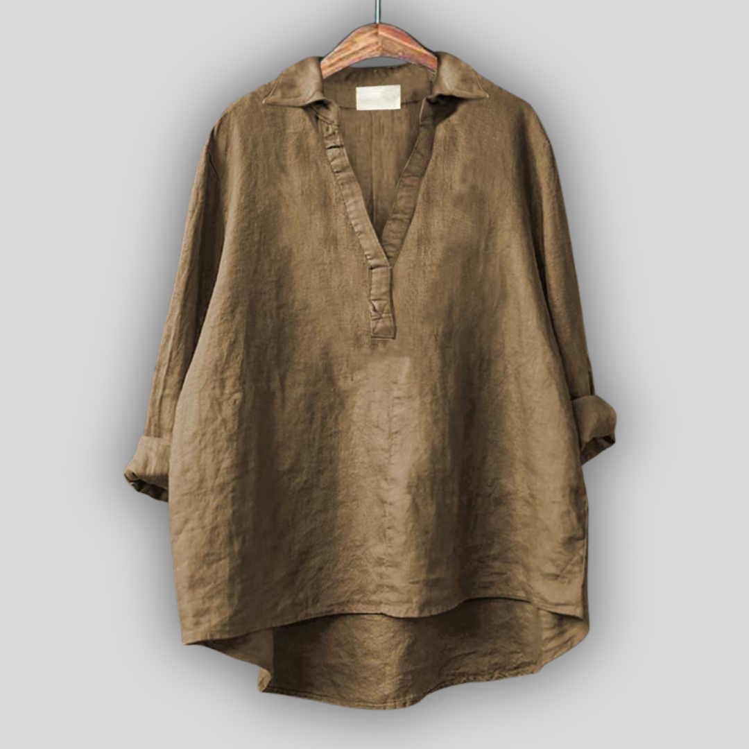 Бяла ленена блуза с V-образно деколте