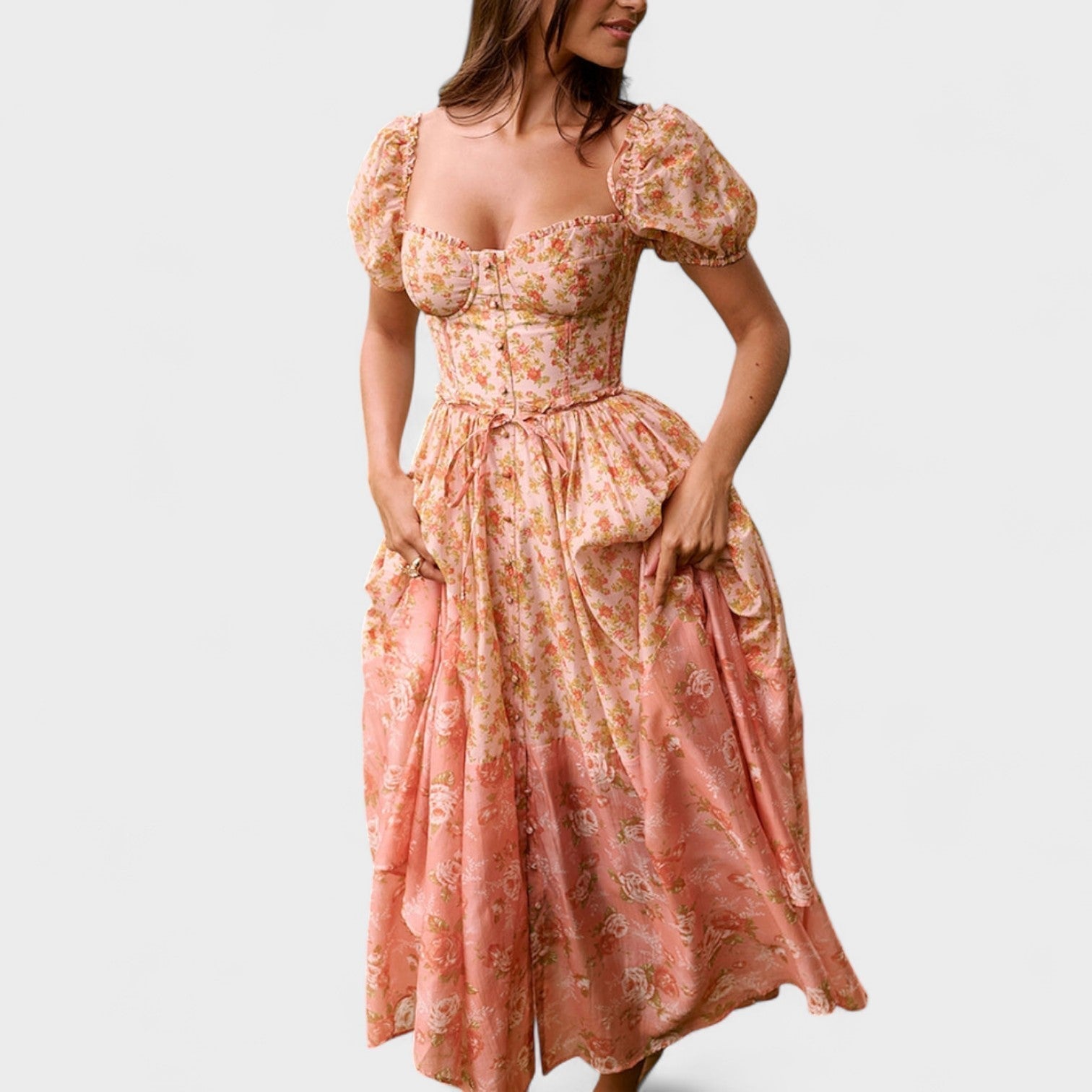 Валентина - Цветна рокля в коралов цвят