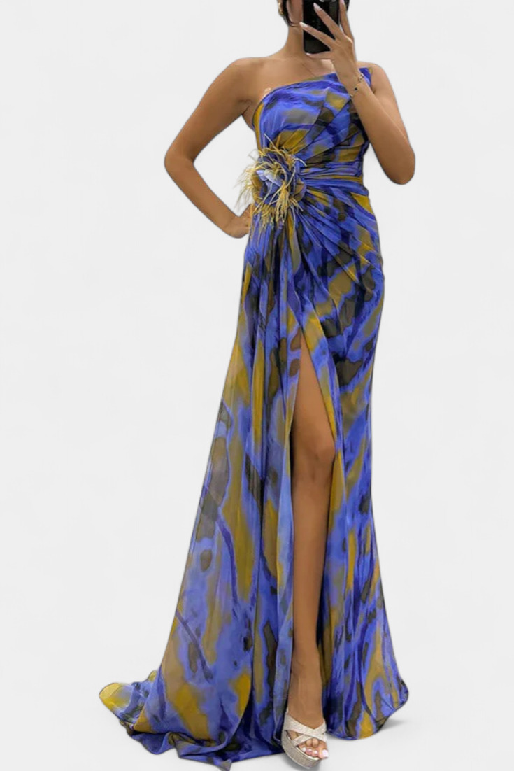 Бланка Макси Асиметрична Рокля с Вибрантен Узор