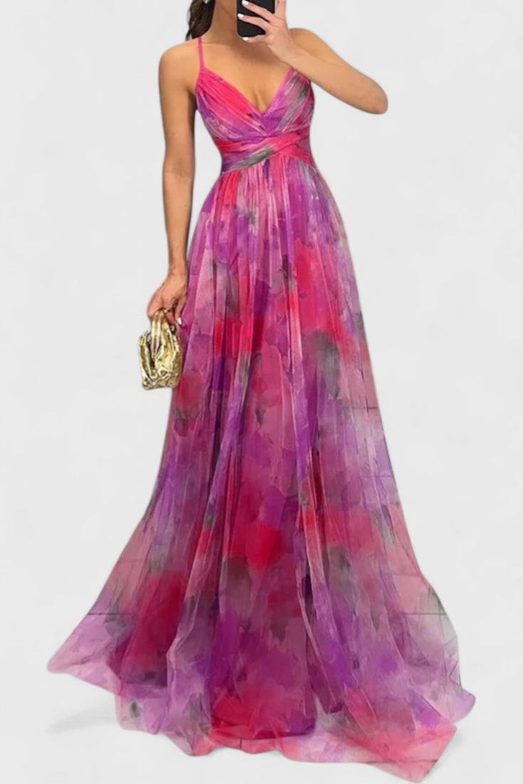 Макси рокля Магдалена с цветен десен и V-образно деколте