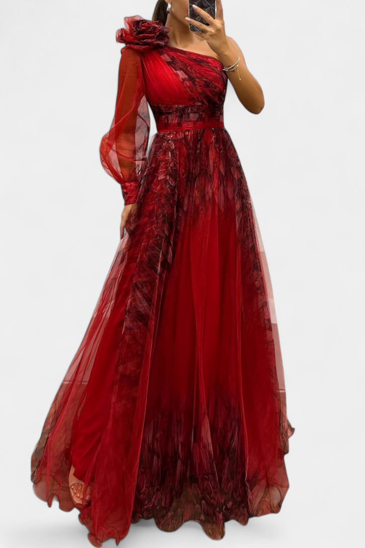 Наталия Макси Рокля от Шифон с Открито Рамо и Обемен Цвете