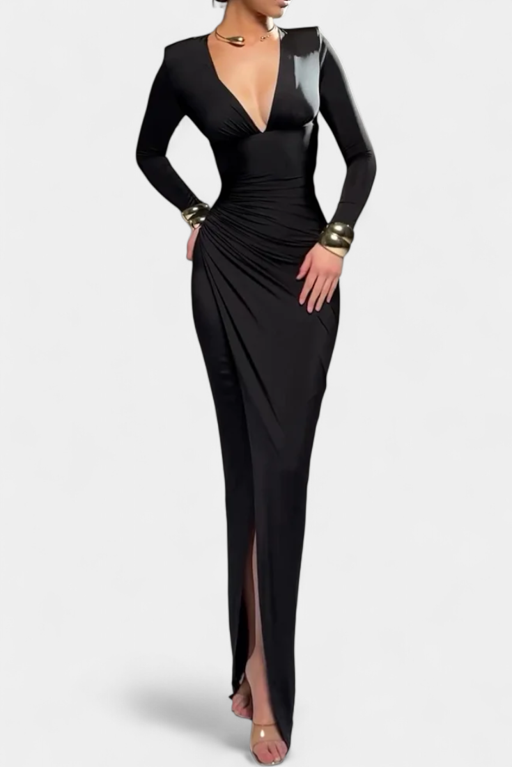 Елена Рокля с Дълги Ръкави и Дълбоко V Деколте