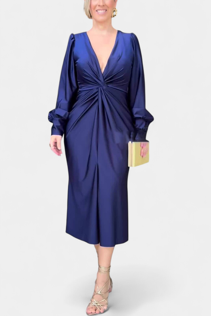 Лена Дълга Рокля с Дълги Ръкави и V-образно Деколте