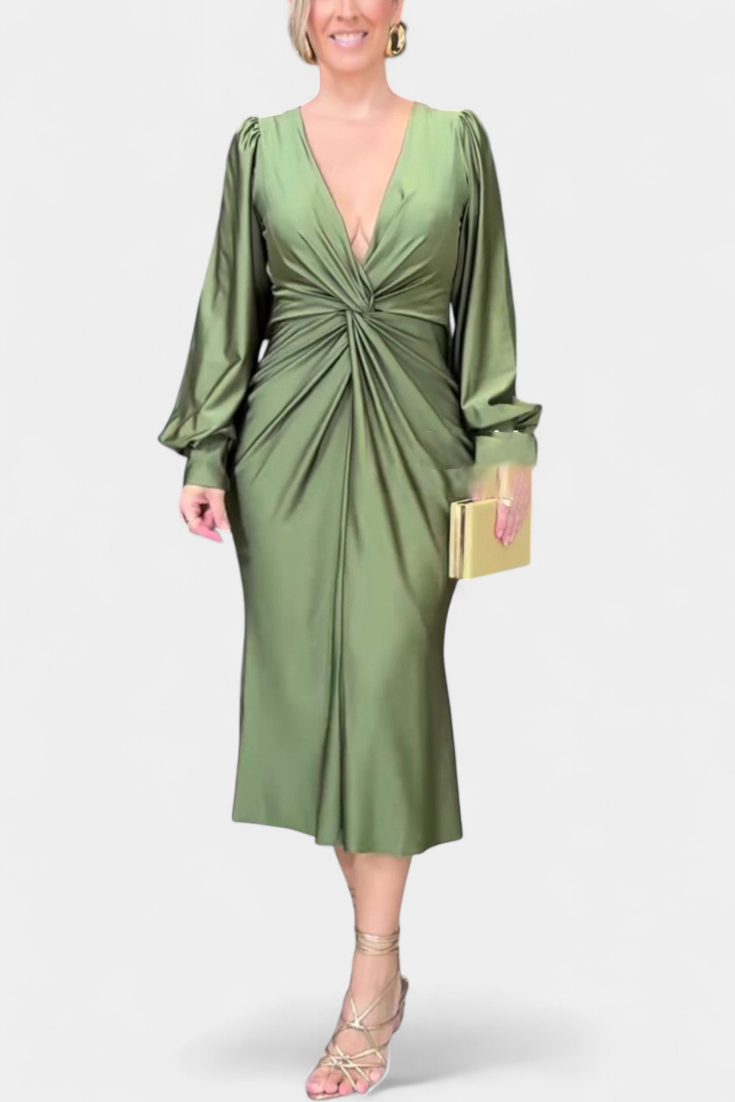 Лена Дълга Рокля с Дълги Ръкави и V-образно Деколте