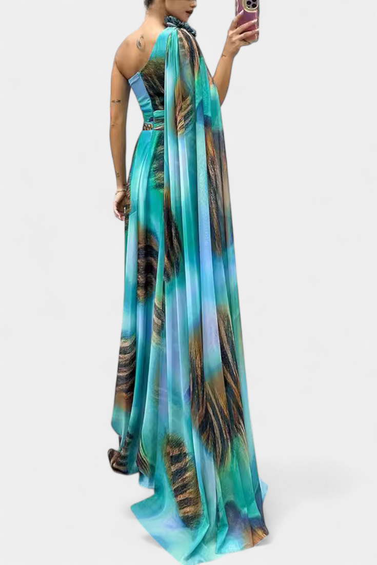 Дълга рокля Нивес с едно рамо и цветен детайл