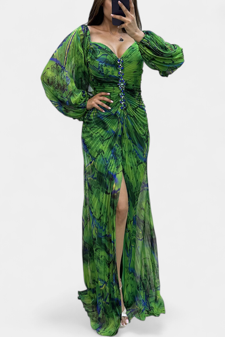 Леона Макси Рокля с Плисиране, Дълги Ръкави и Вибрантни Узорци