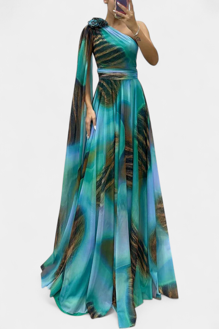 Дълга рокля Нивес с едно рамо и цветен детайл