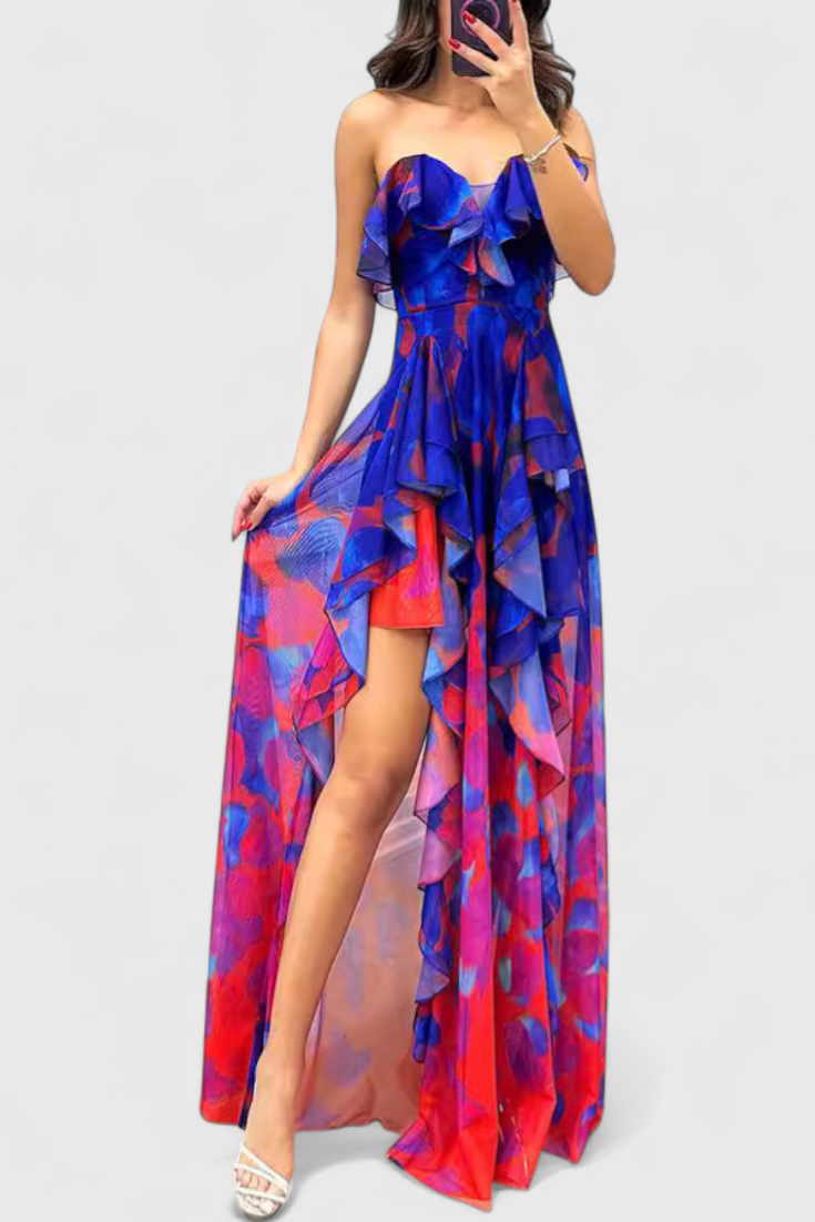 Зринка Макси Рокля без Ръкави с Волани и Градиентно Отворена