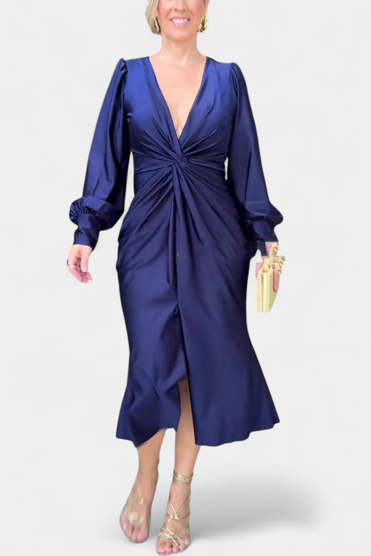 Лена Дълга Рокля с Дълги Ръкави и V-образно Деколте