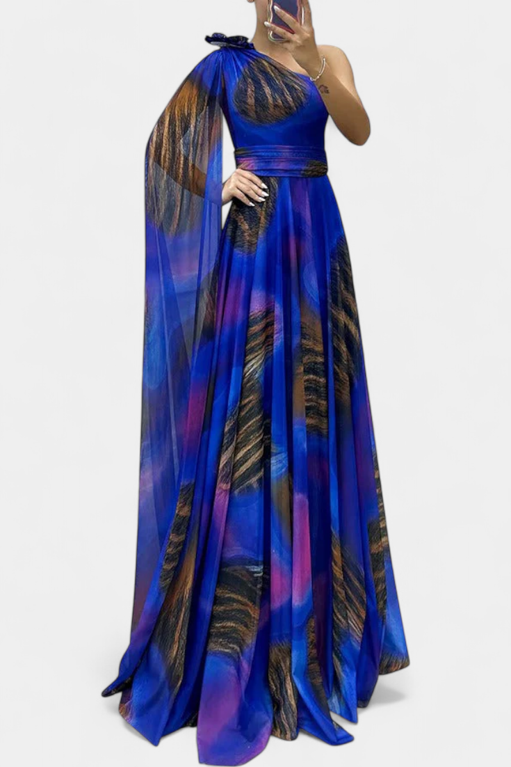 Дълга рокля Нивес с едно рамо и цветен детайл