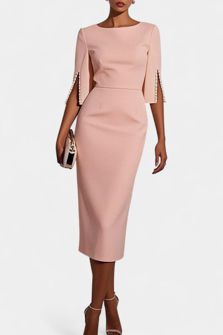 Весна Миди Рокля с Перлени Детайли и Кръгло Деколте