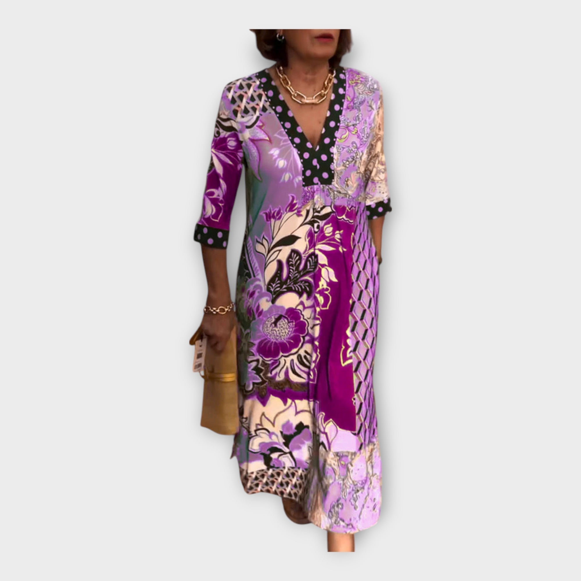 Многоцветна рокля с копчета и 3/4 ръкави